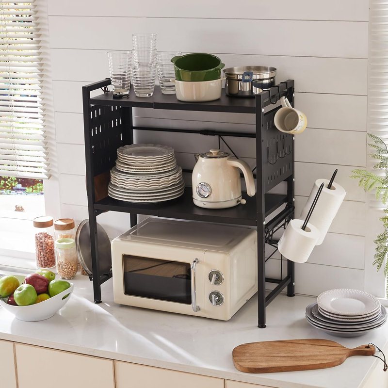 Adjustable Microwave Stand 3 Tier Microwave Oven Rack With 9 Hooks Black